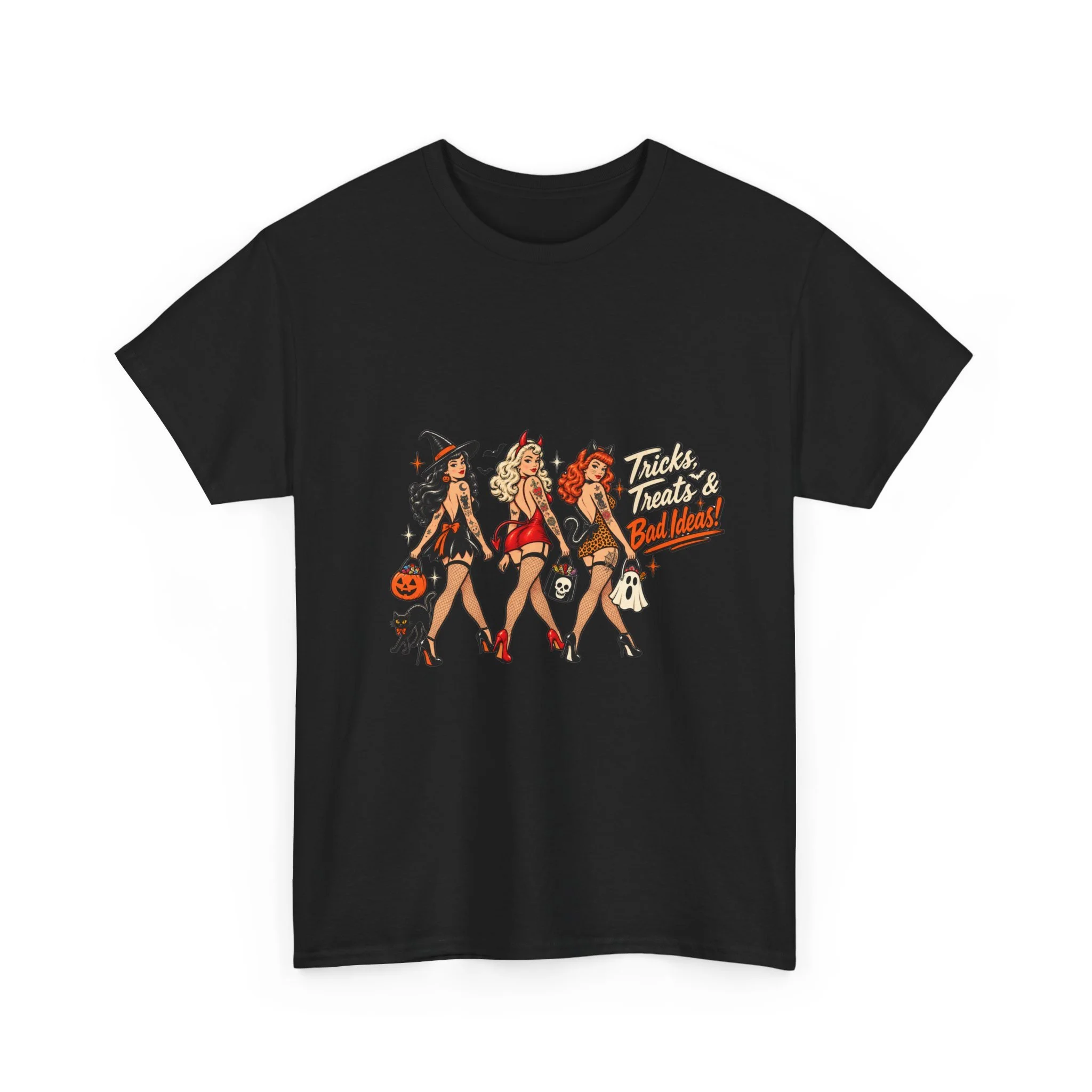 Pinup Halloween Girls Graphic Tee — Trick or Treat Vintage Pin-Up T-Shirt
