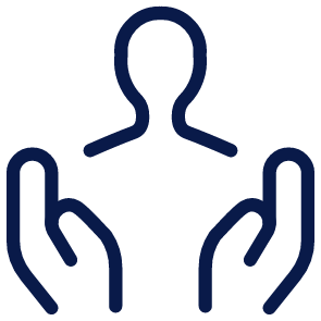 Dark blue outline of a person surrounded by two protective hands