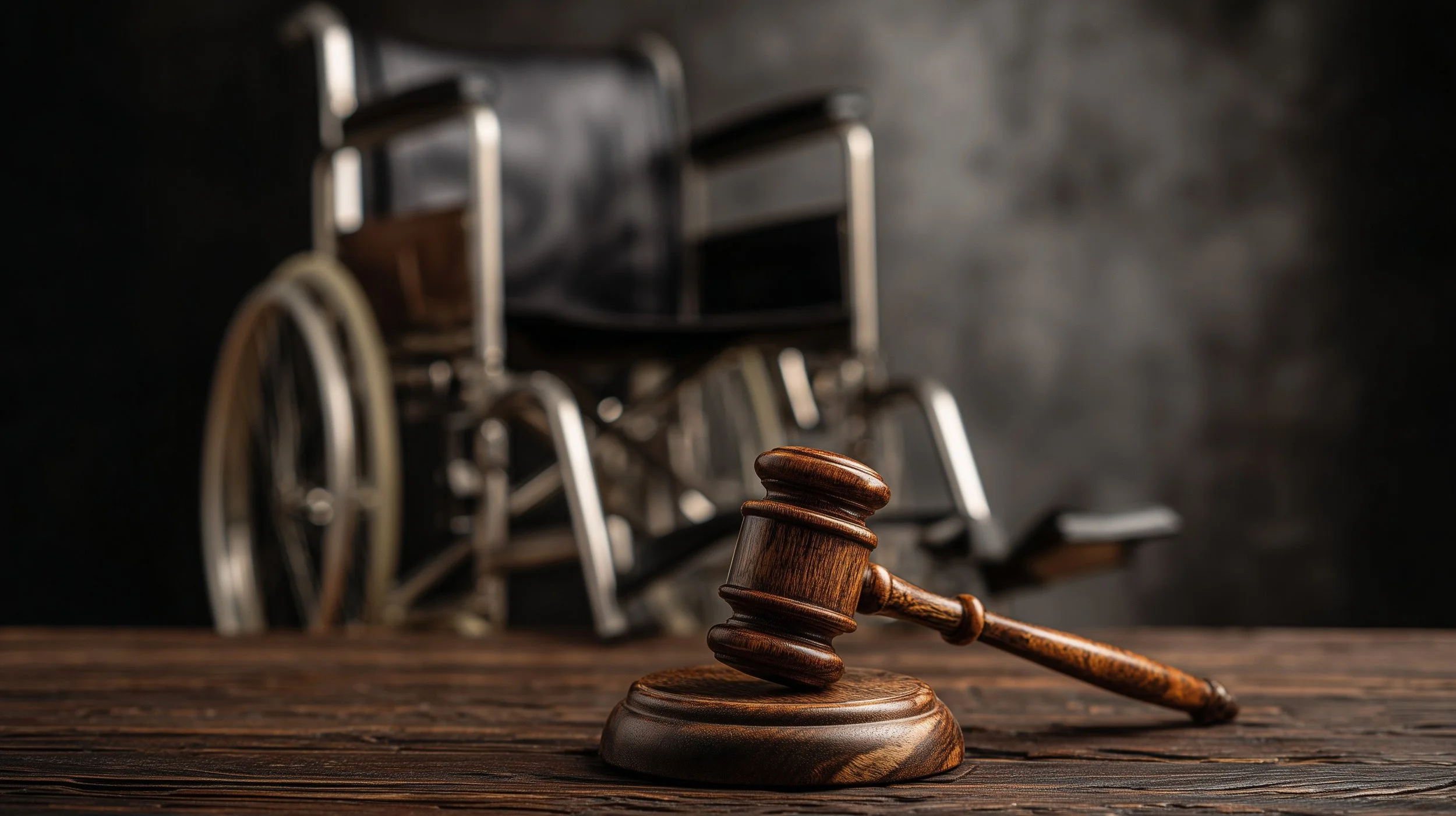Wooden judge's gavel and sound block on a courtroom desk with a blurred wheelchair in the background