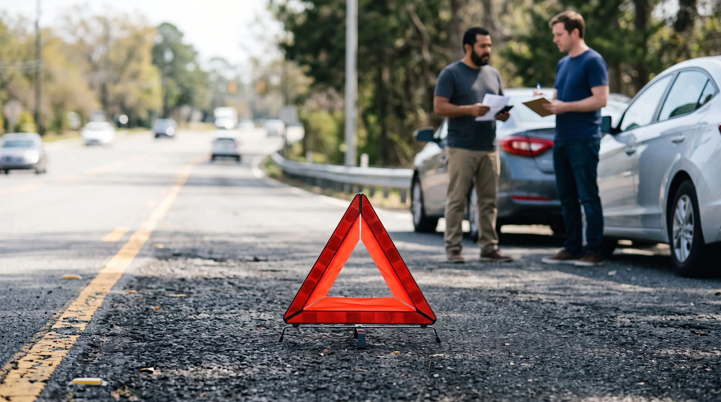 Two men exchange information beside stopped cars after a roadside accident, with a red warning triangle in the foreground.