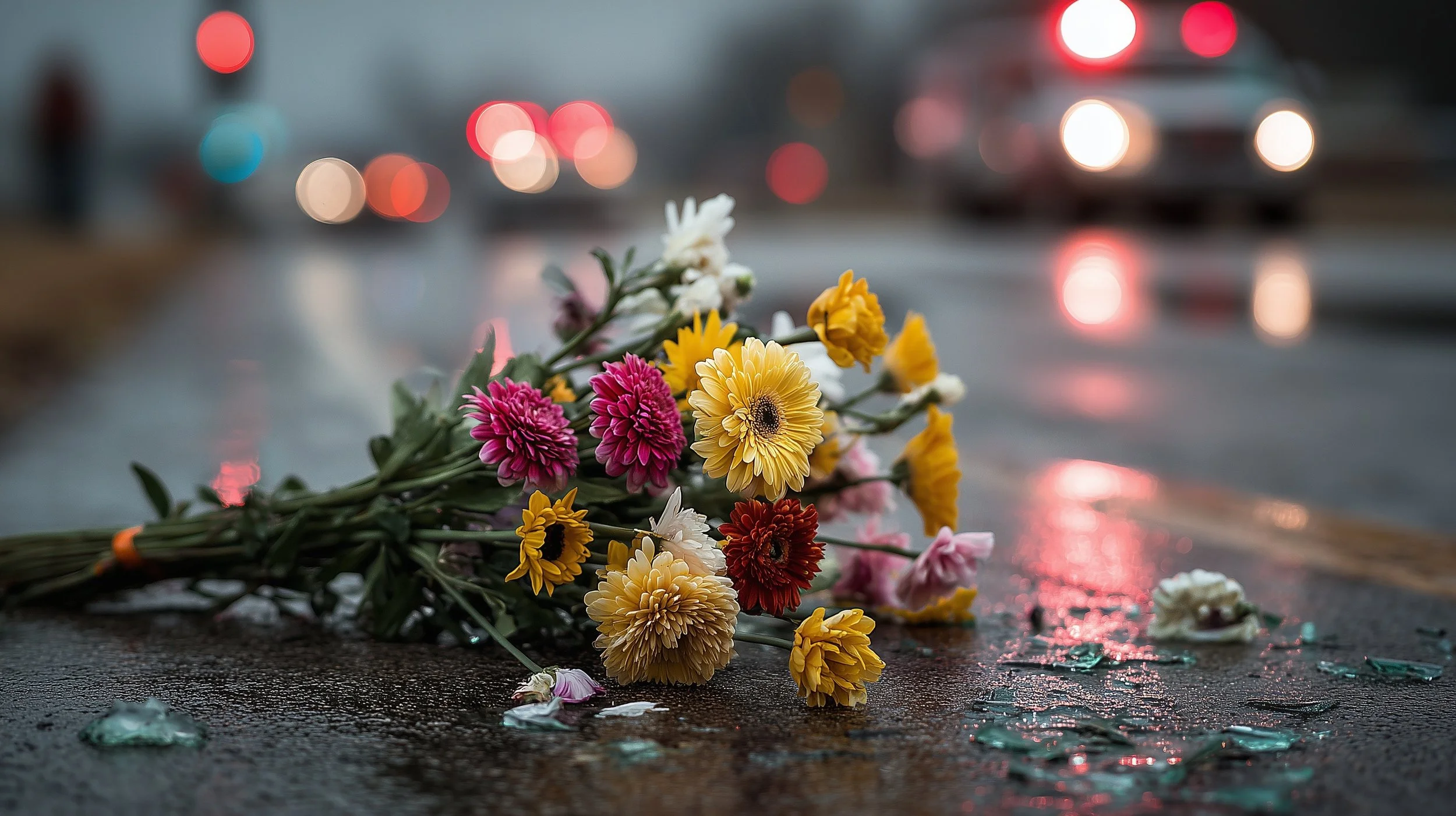 Colorful bouquet of chrysanthemums lying on a wet city street at night with blurred car lights