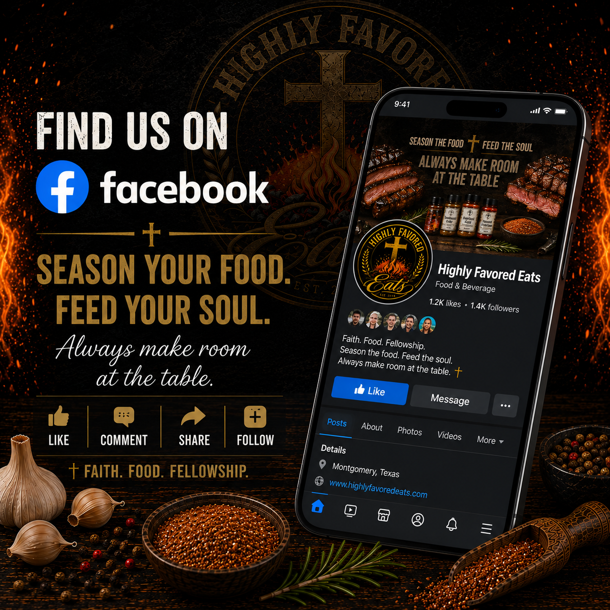 Promotional graphic for Highly Favored Eats Facebook page, featuring images of cooked meats, spices, garlic, and herbs, with motivational text about seasoning food and feeding the soul, along with Facebook contact and profile details.