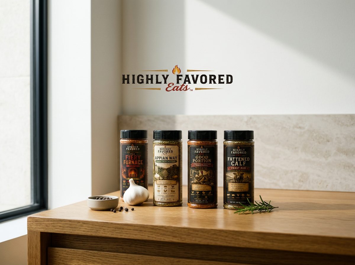 Four bottles of spices or seasoning on a wooden surface next to a garlic bulb, a small bowl of peppercorns, and a sprig of rosemary, with a