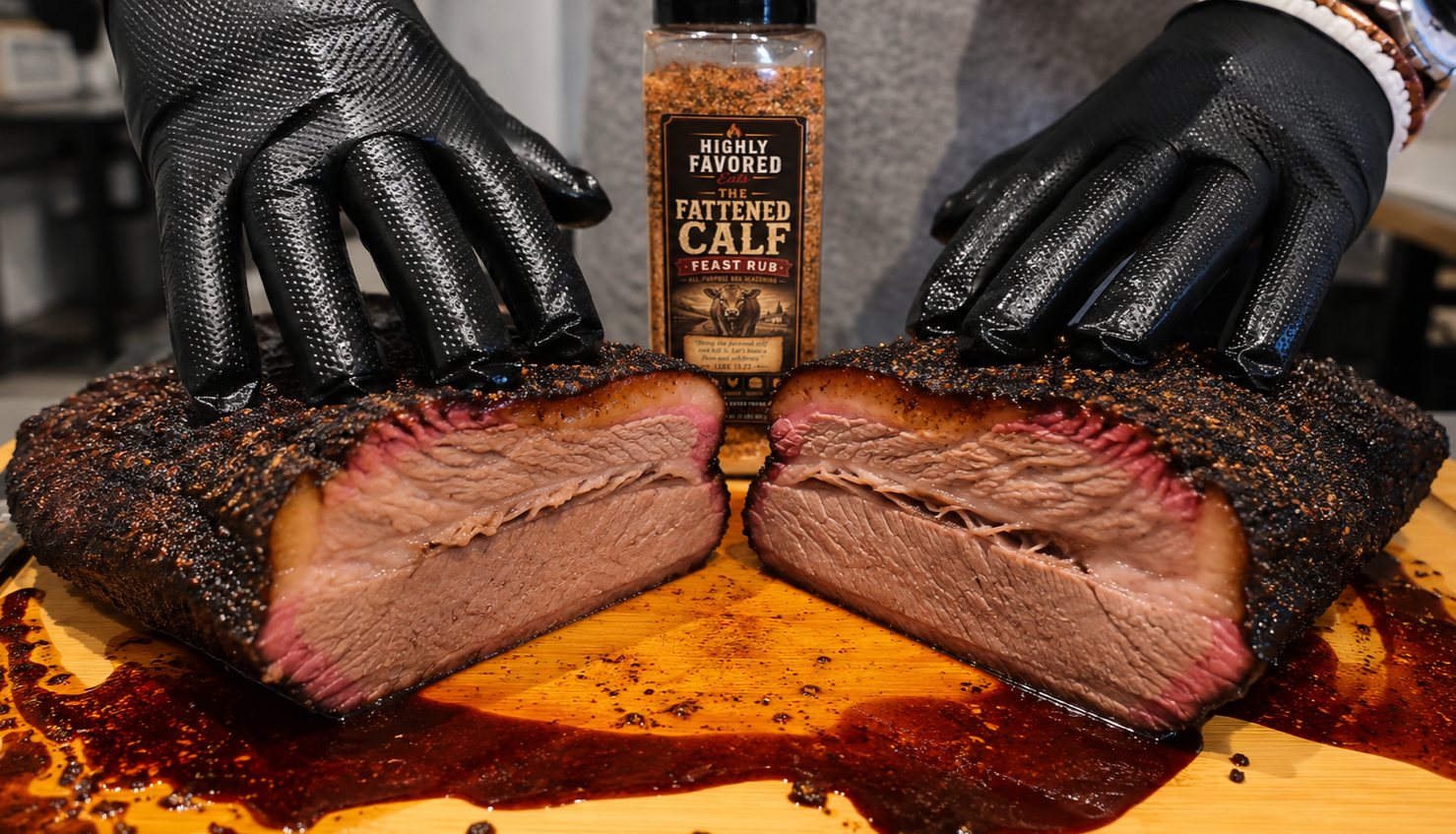 A person wearing black gloves slices a smoked beef brisket on a wooden cutting board, with juices and smoked spices around. A bottle of 'Highly Favored The Fattened Calf Feast Rub' stands in the background.