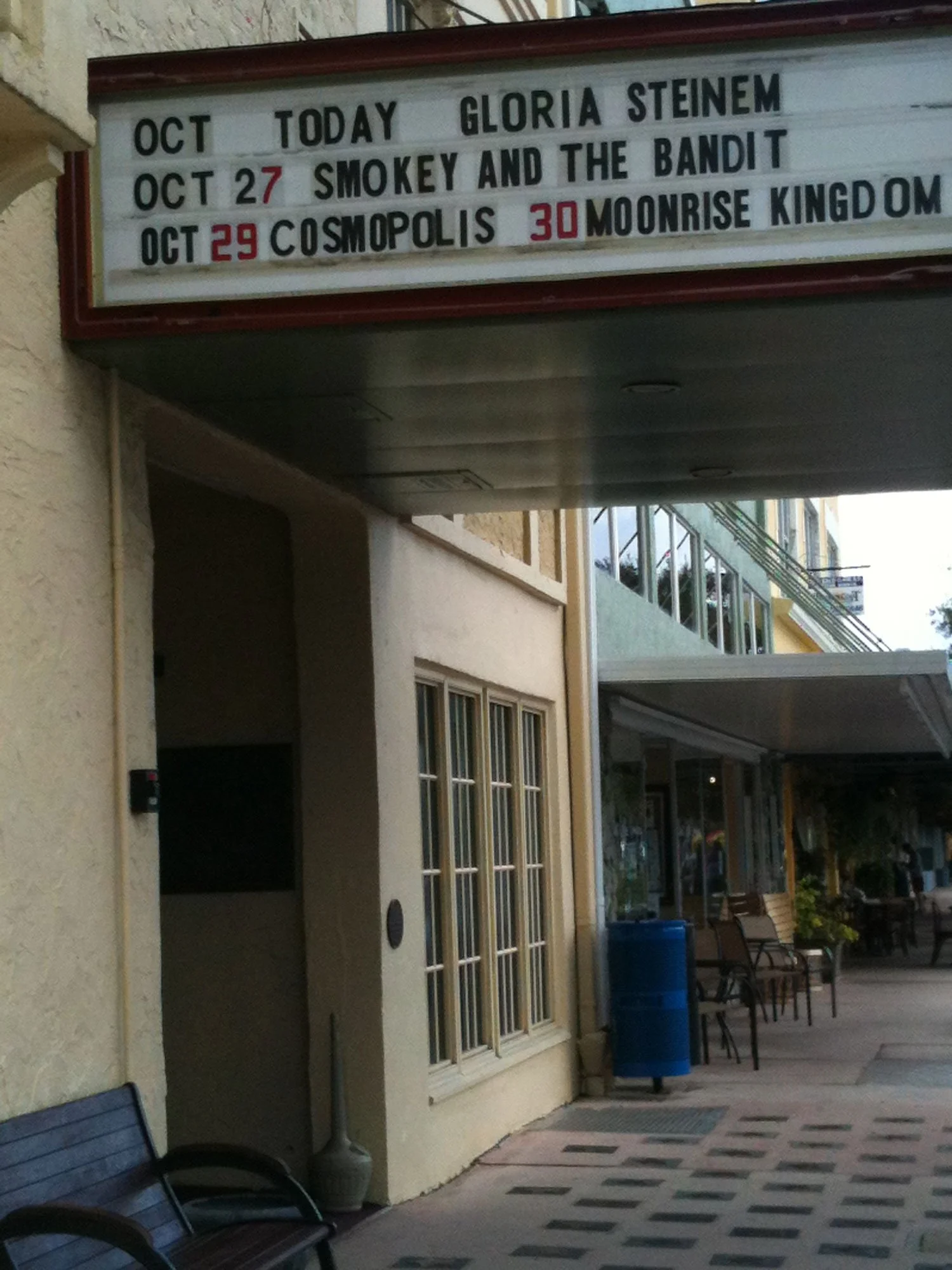 Lyric Theater sign in Stuart reading "Today Gloria Steinem"