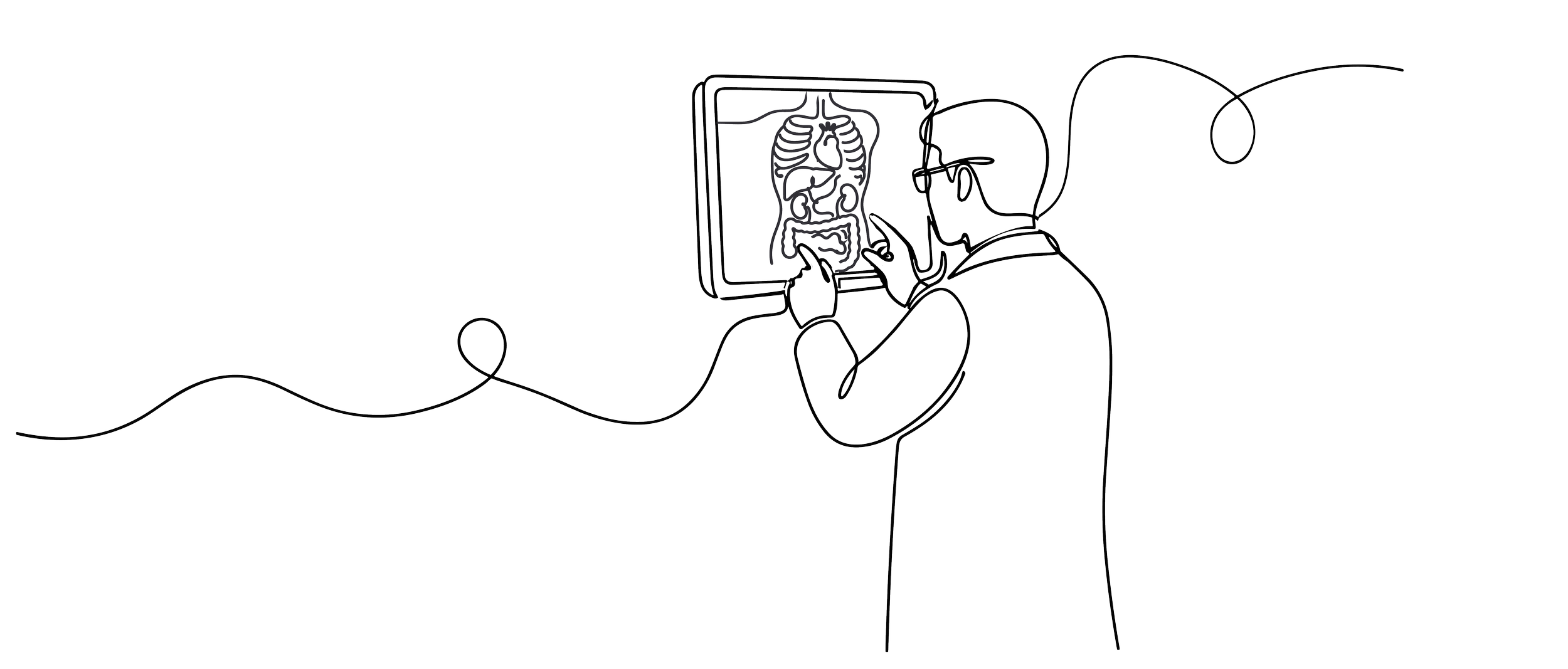 A person wearing glasses and a cap, looking at an x-ray image of a stomach and intestines on a screen, with a stethoscope hanging around their neck.