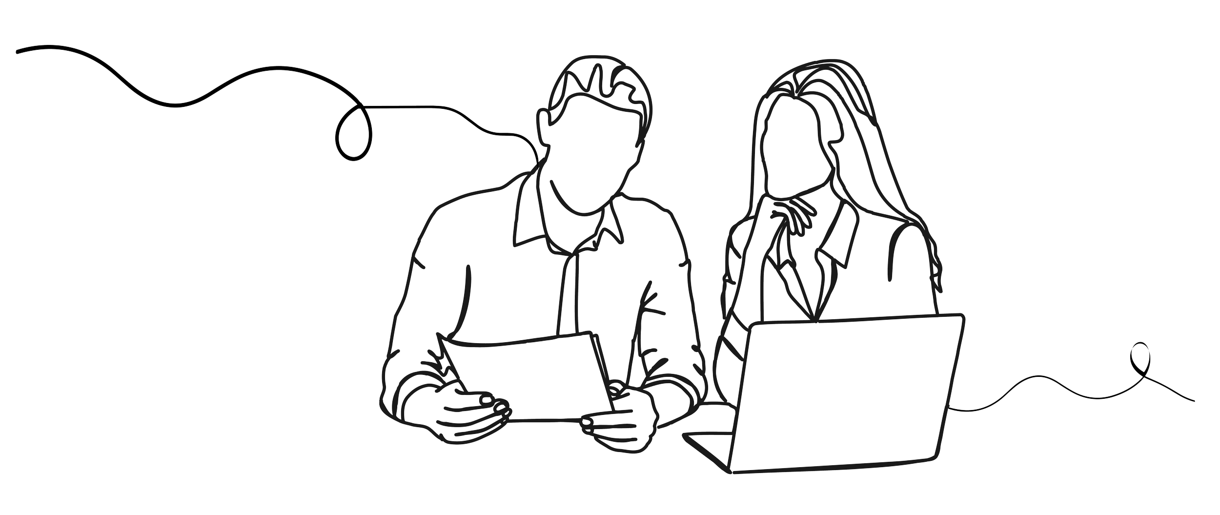 Line art illustration of two people working together with a smartphone and laptop at a desk, connected to a power source.