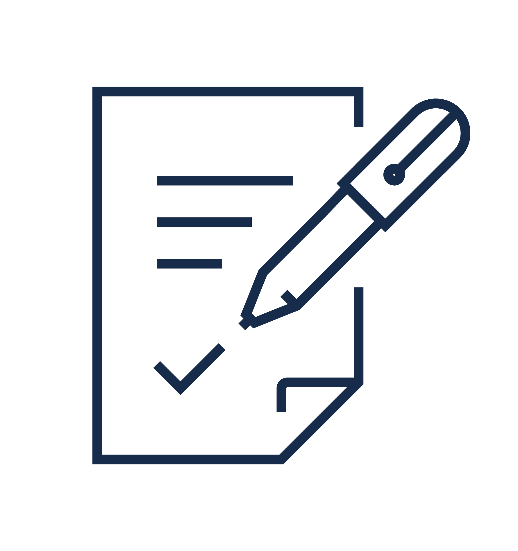 Line drawing of a clipboard with a checkmark and a pencil.