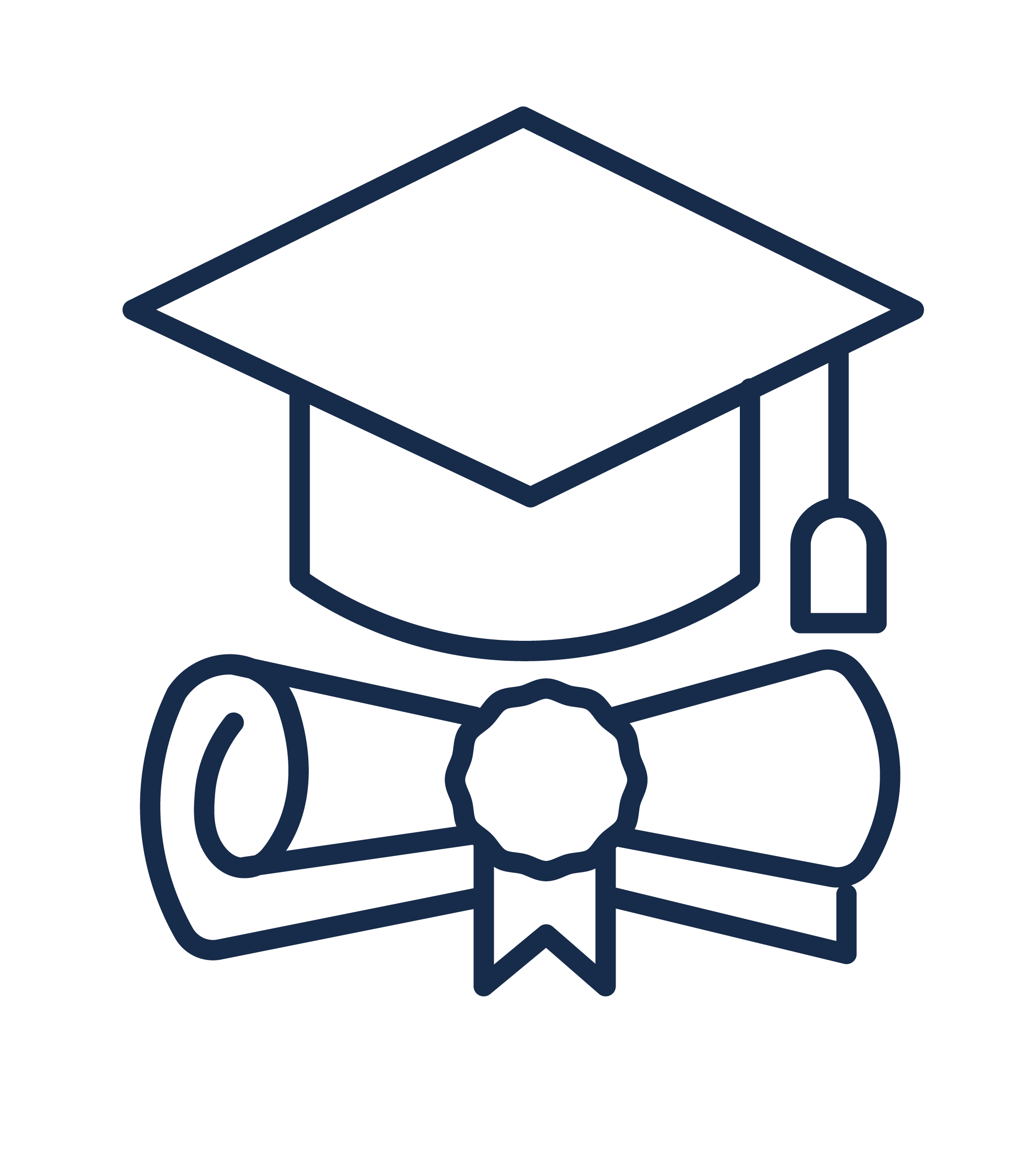 Outline of a graduation cap with tassel, three books stacked underneath, and a diploma scroll in front.