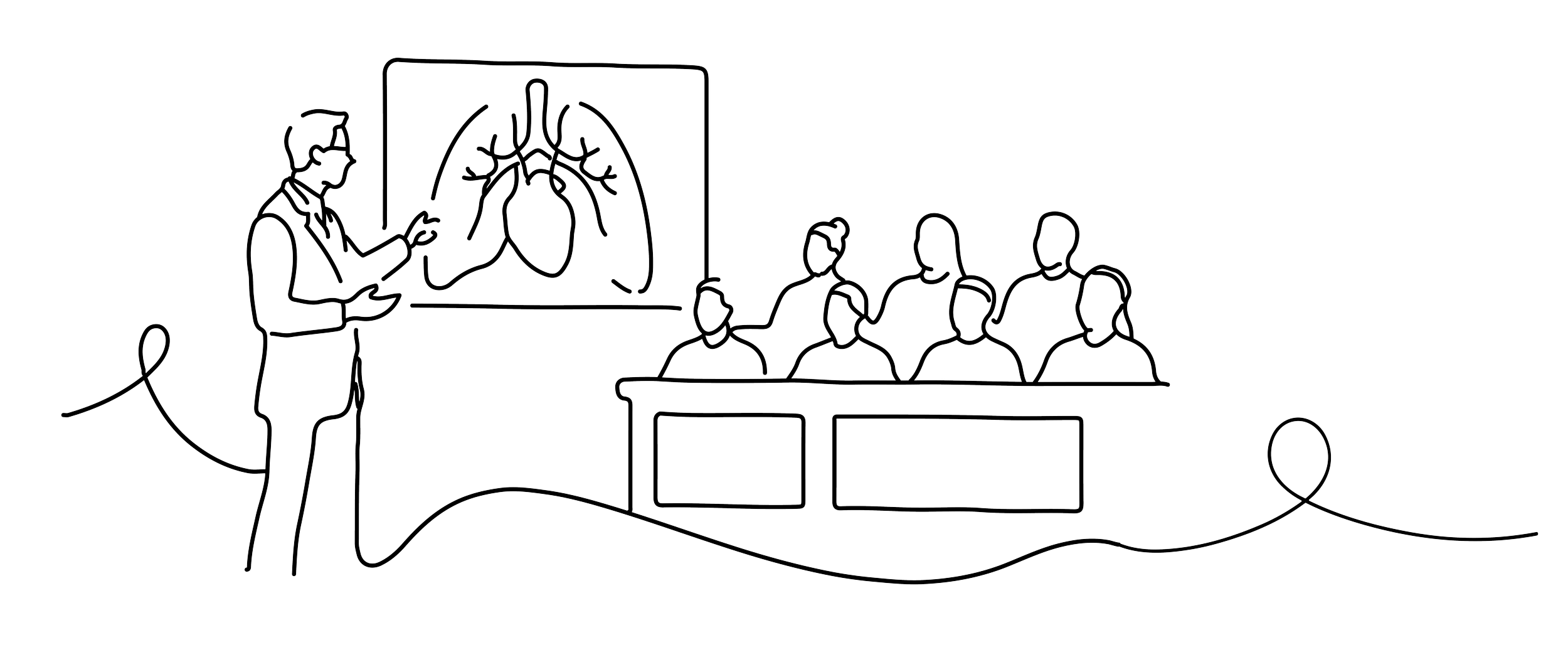 A line drawing of a medical lecture. A presenter is pointing at a diagram of lungs on a board, while five people are seated, listening to the presentation.