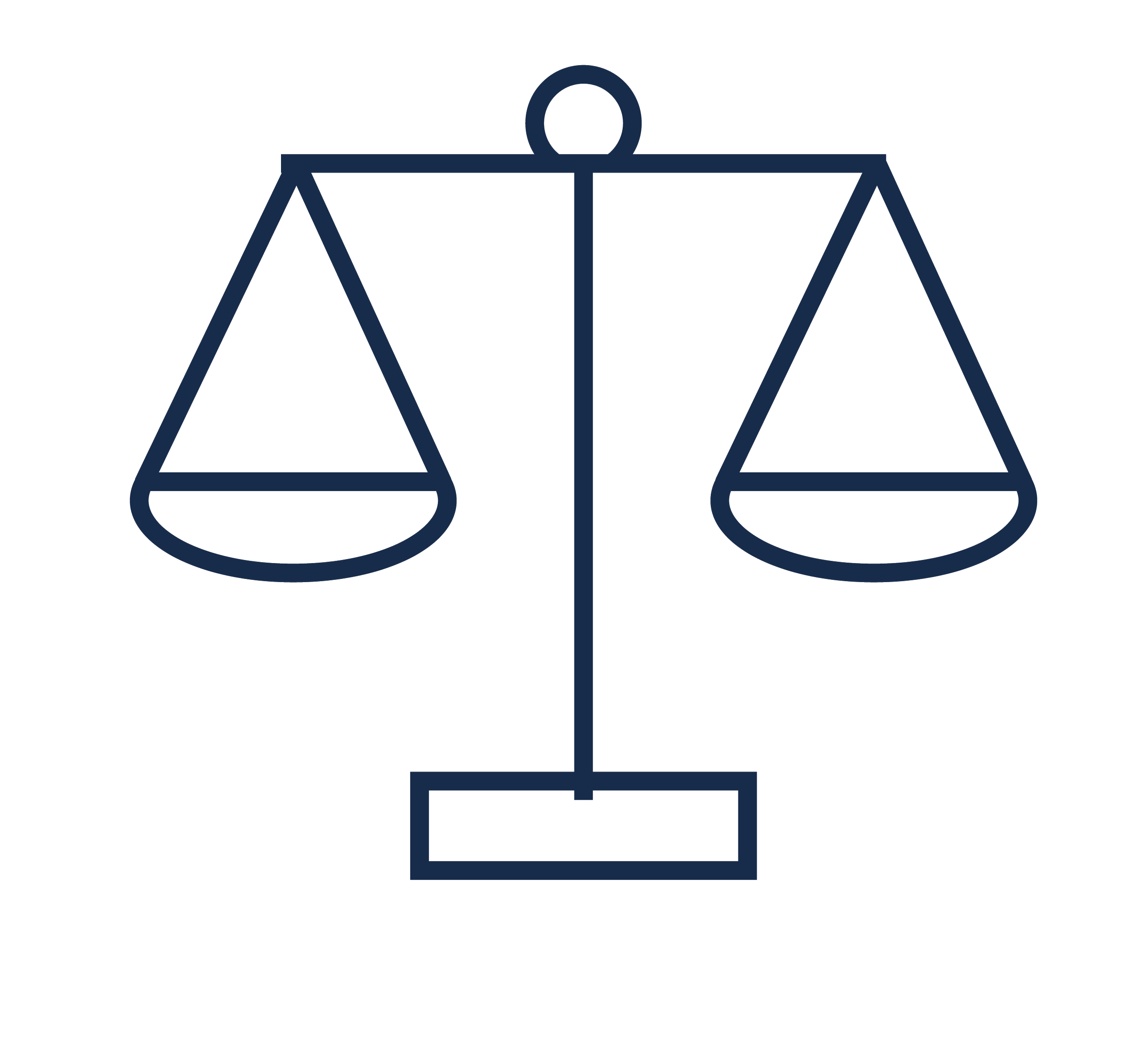 Outline of a scale balanced on a vertical support, with a tray hanging from each side, representing justice or balance.