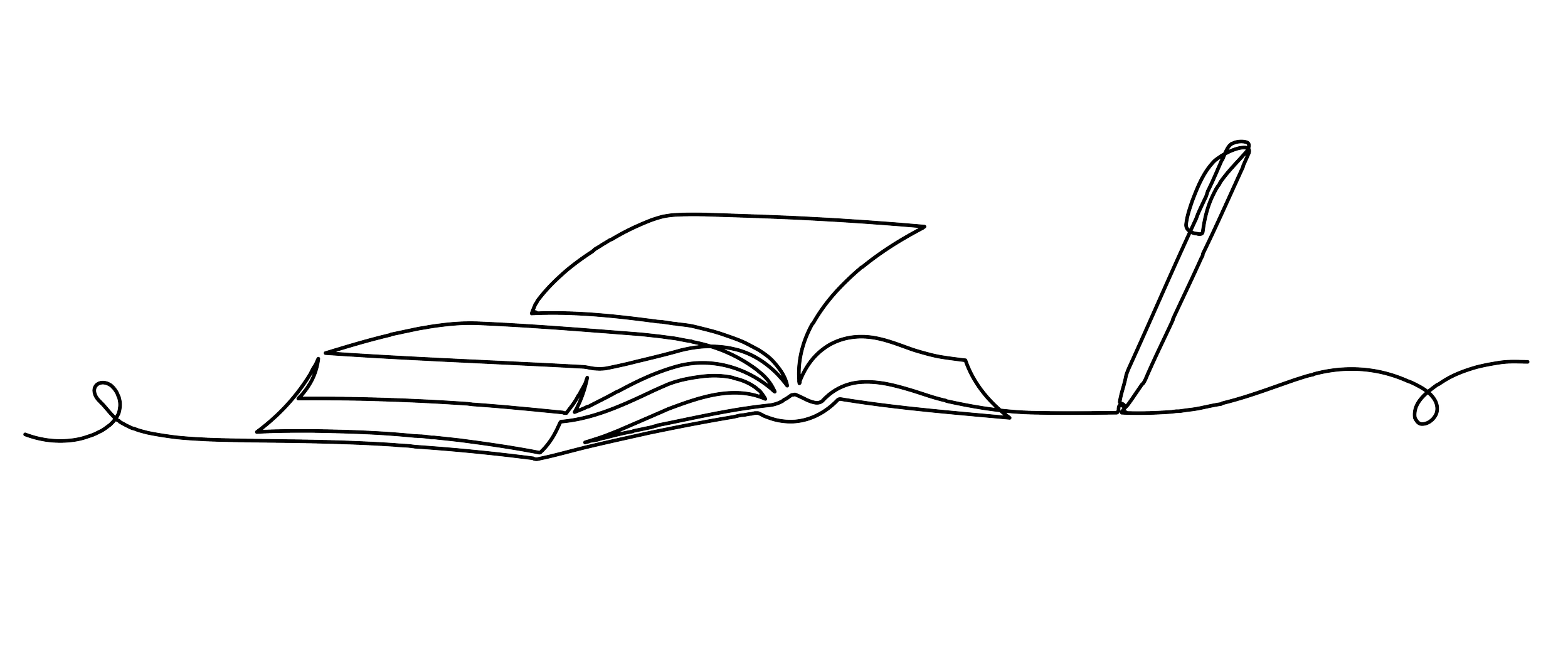 Line drawing of an open book, a closed book, a pen, and a string, all connected by a wavy line.