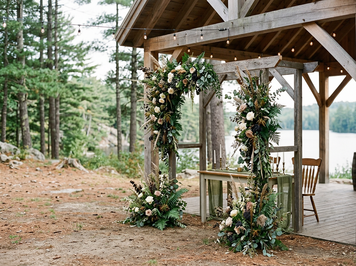 Outdoor wedding arch decorated with greenery and white flowers, set up under a wooden pavilion by a lake with trees in the background.