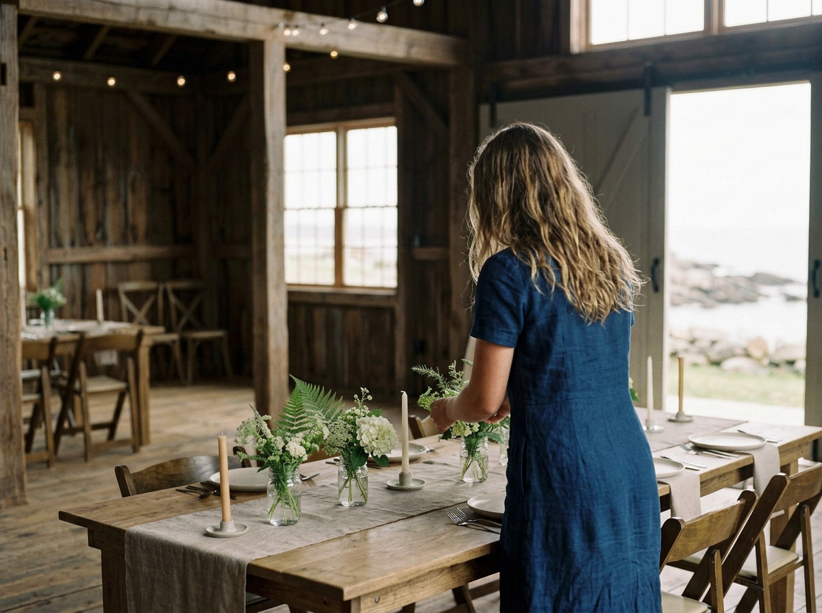 A woman in a blue dress adjusts a floral centerpiece on a rustic wooden table inside a barn with large windows, wooden beams, and string lights.