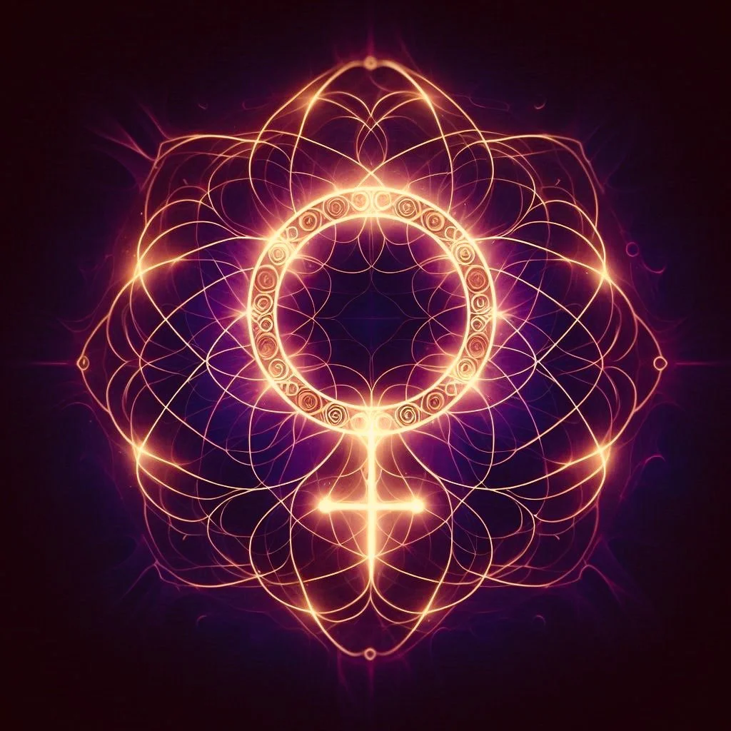 Glowing mystical symbol with a circle and downward arrow design, surrounded by intricate, luminous geometric patterns, set against a dark background.
