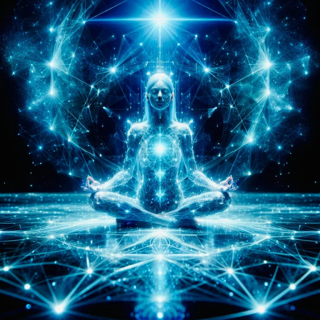 A digital, glowing representation of a person meditating in a lotus position surrounded by interconnected light patterns and stars, with a bright light above their head.