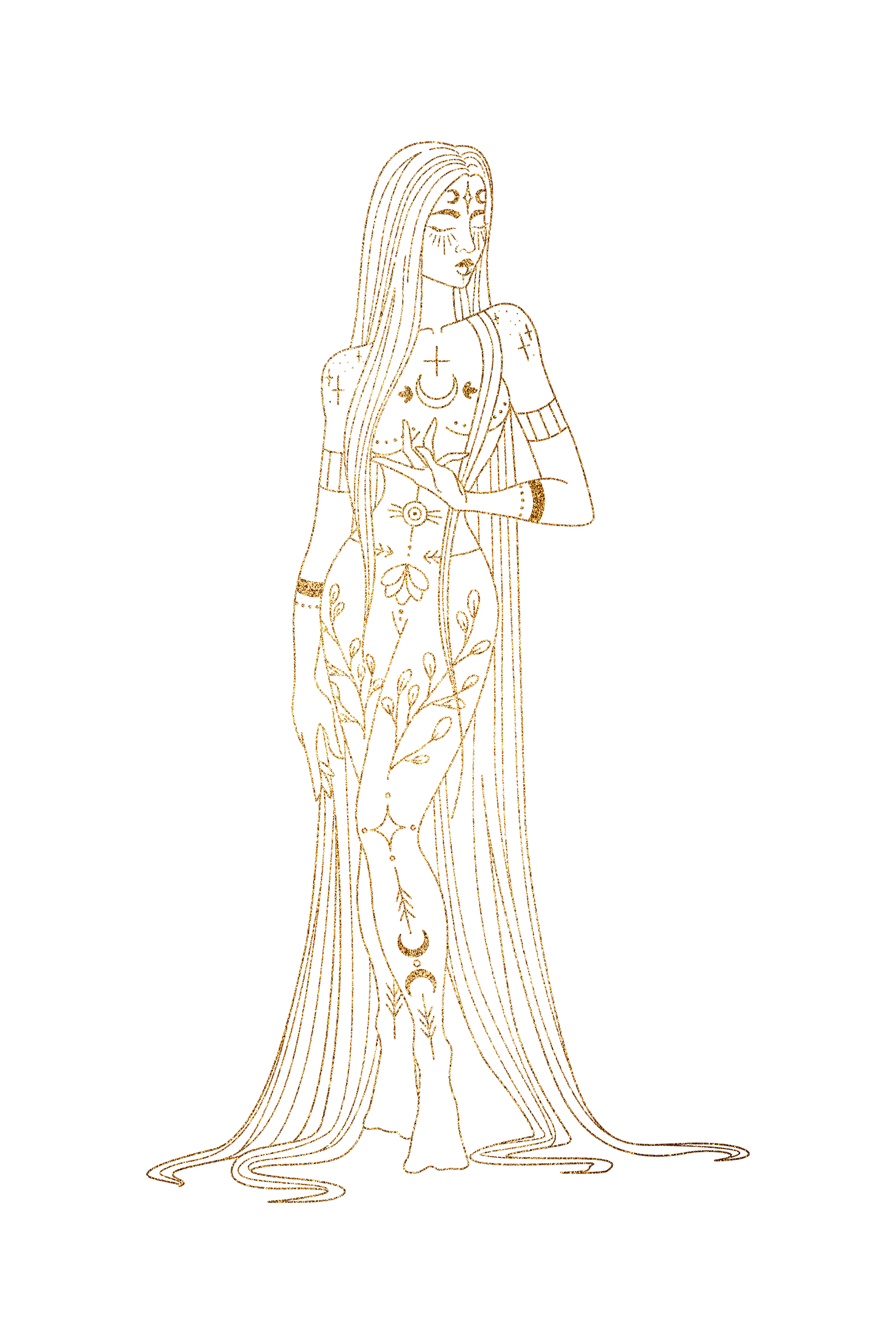 Gold outline of a woman with long hair, wearing a flowing dress decorated with celestial and botanical symbols.
