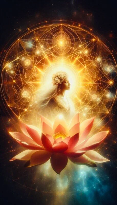 A mystical woman with flowing hair and a flower crown, surrounded by glowing geometric patterns and star-like lights, emerging from a glowing lotus flower with a cosmic background.