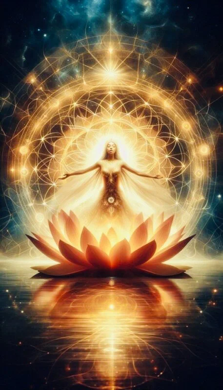 A luminous woman with outstretched arms emerging from a glowing lotus flower, surrounded by intricate golden geometric patterns and radiant light, set against a cosmic backdrop with stars and a glowing celestial sphere.