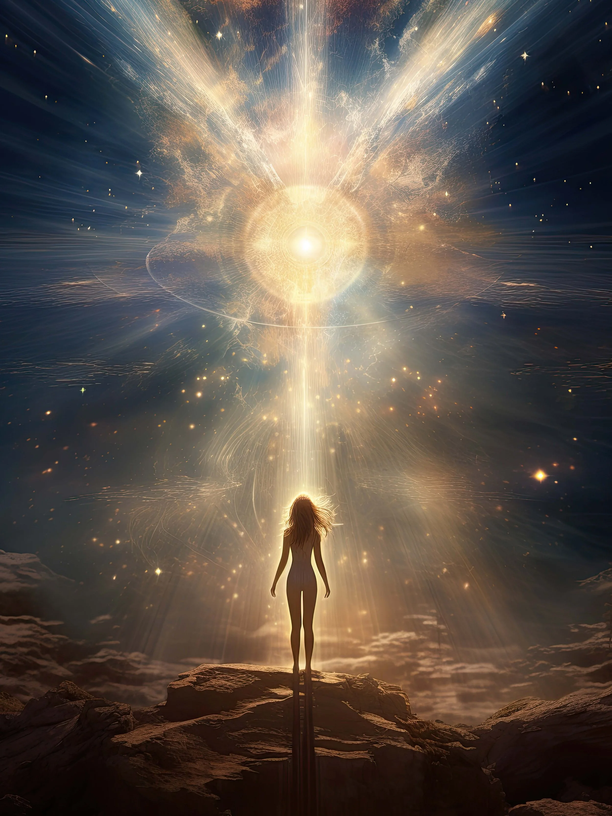 A woman standing on a rocky cliff gazing at a bright celestial explosion in the sky, with light rays and cosmic particles radiating outward.