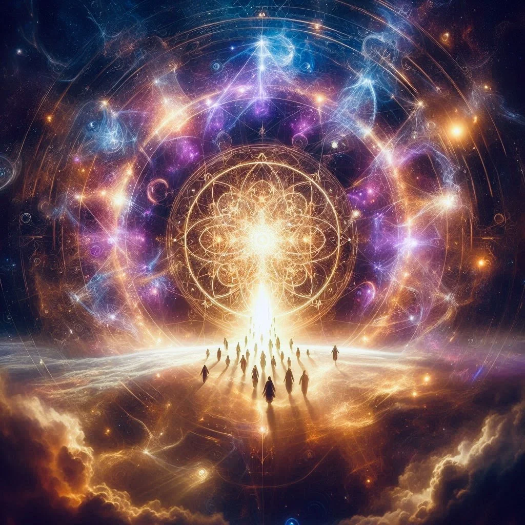 People walking towards a glowing, intricate, cosmic portal in the sky filled with vibrant, swirling colors and patterns of light.