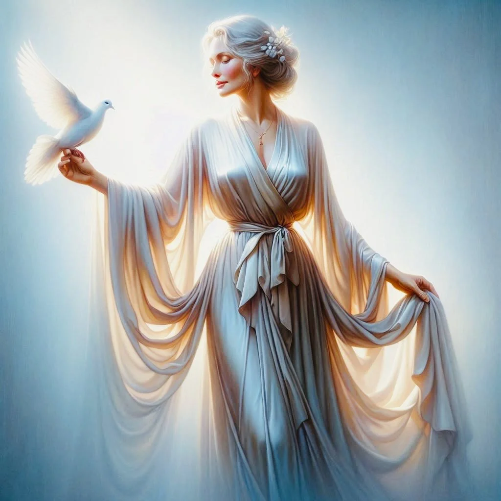 A woman in a flowing, elegant white gown holding a white dove in her hand, with a serene expression and soft lighting.