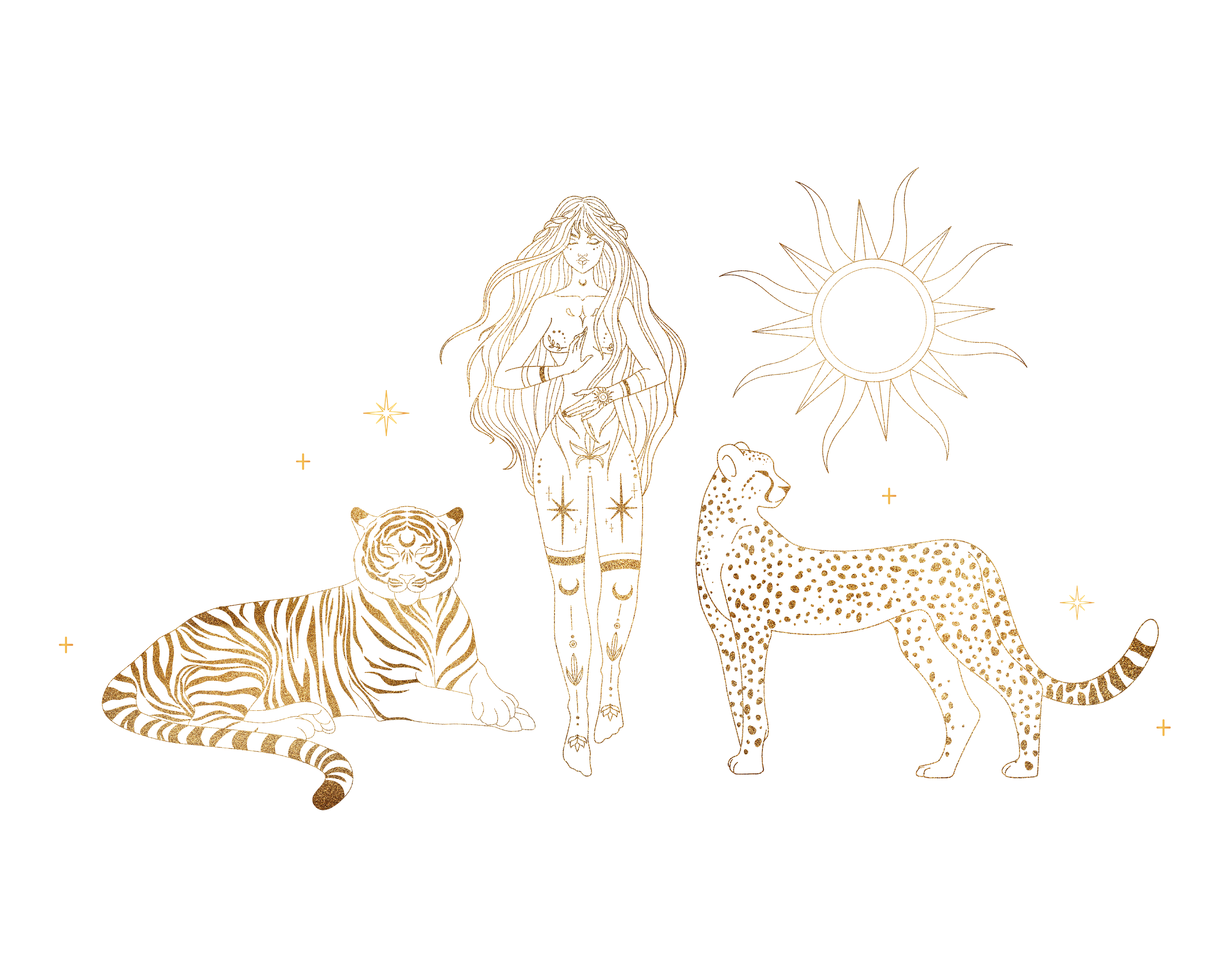 Gold outlined illustrations of a tiger, a woman in tribal attire, a cheetah, a lion, and celestial symbols on a black background.