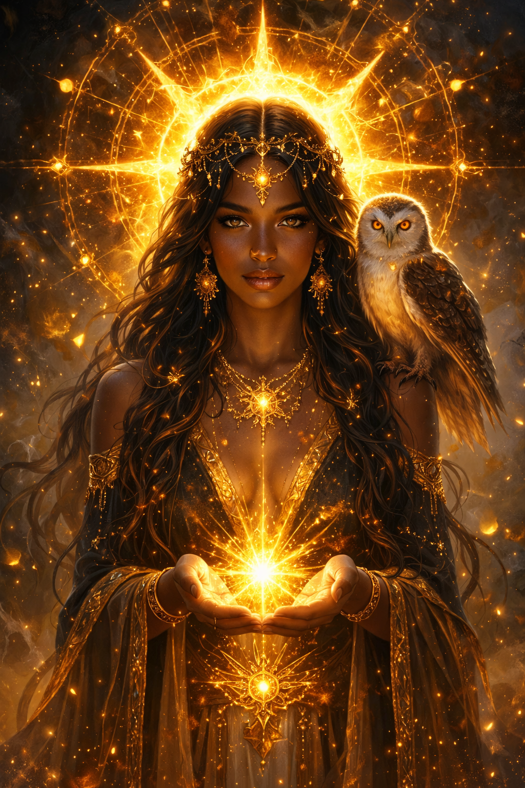 A fantasy scene of a woman with long dark hair, dressed in black and gold, holding glowing light in her hands. She wears ornate gold jewelry, including earrings, a tiara, and necklaces. An owl with glowing eyes perches on her shoulder. A radiant golden halo surrounds her head, creating a mystical atmosphere with sparks and light effects.
