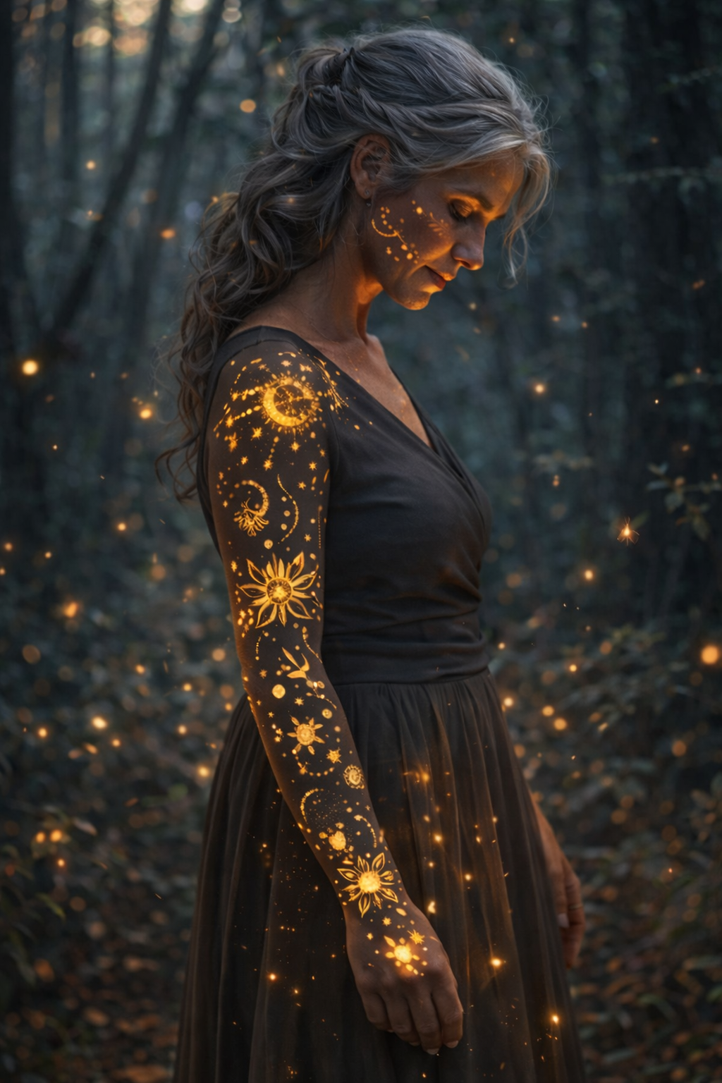 A woman stands in a forest with glowing, magical designs of celestial and floral patterns on her face, arm, and shoulder, illuminated by small floating lights.