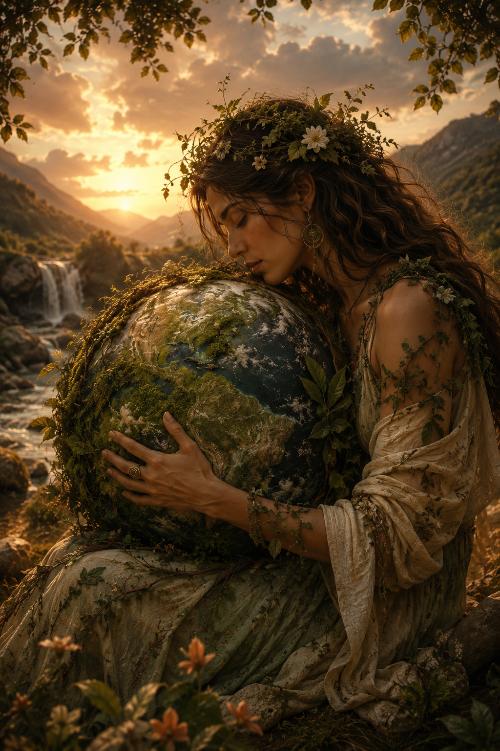 A woman with long, wavy hair adorned with flowers is hugging a large, moss-covered globe of the Earth outdoors during sunset, surrounded by mountains, trees, and a river.