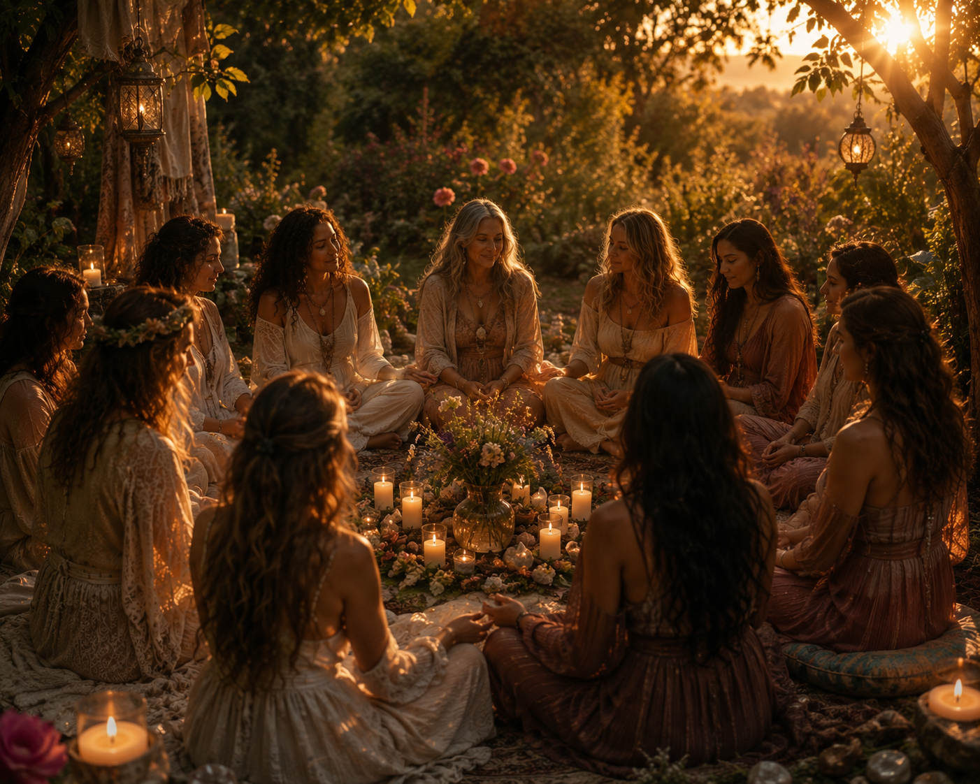 A group of women sitting in a circle outdoors during sunset, surrounded by candles and flowers, participating in a spiritual or meditation gathering.