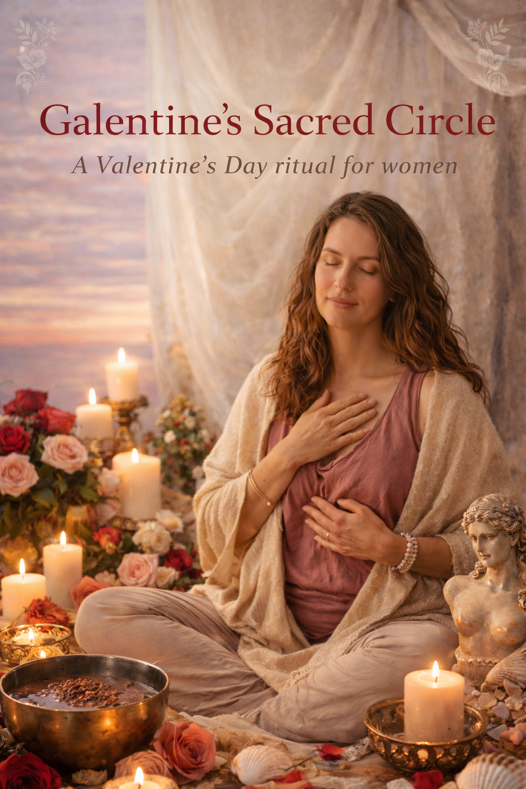 Female holding hand son her heart and belly, meditating