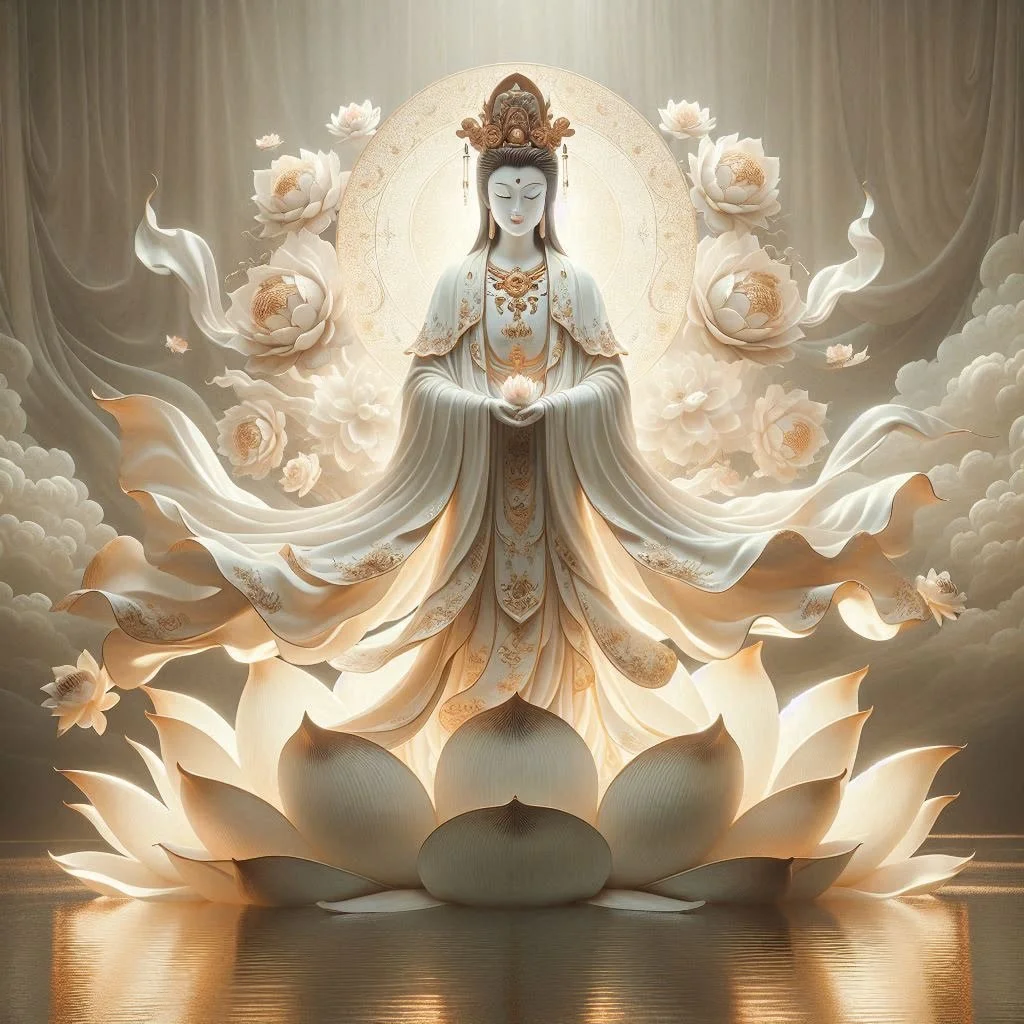 Kuan Yin, standing on the lotus, and holding the lotus