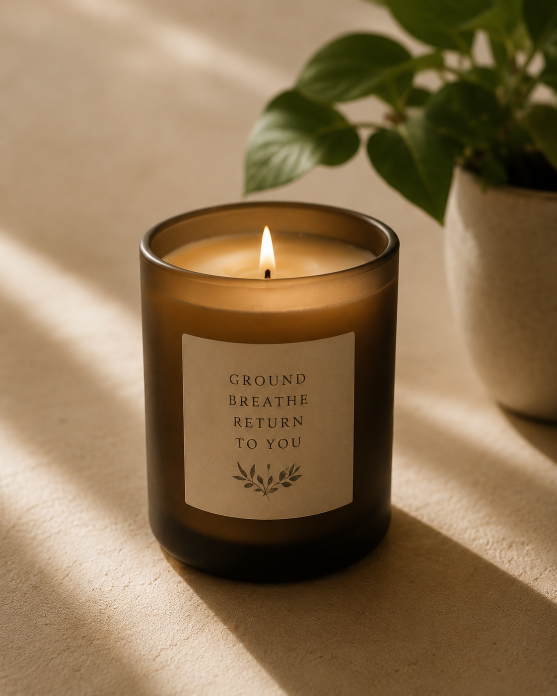 A lit brown candle with a label reading 'Ground Breathe Return to You,' placed on a beige surface next to a potted green plant.