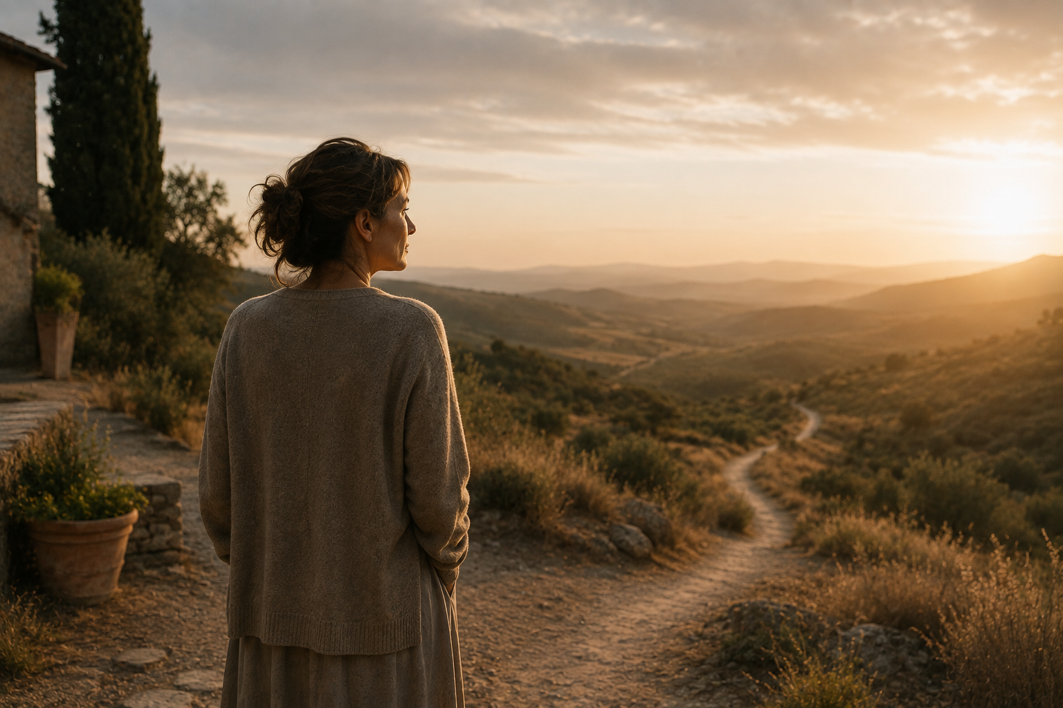 A woman with brown hair in a bun looking at a scenic sunset over rolling hills with a dirt path, surrounded by sparse vegetation and a potted plant near a stone building.