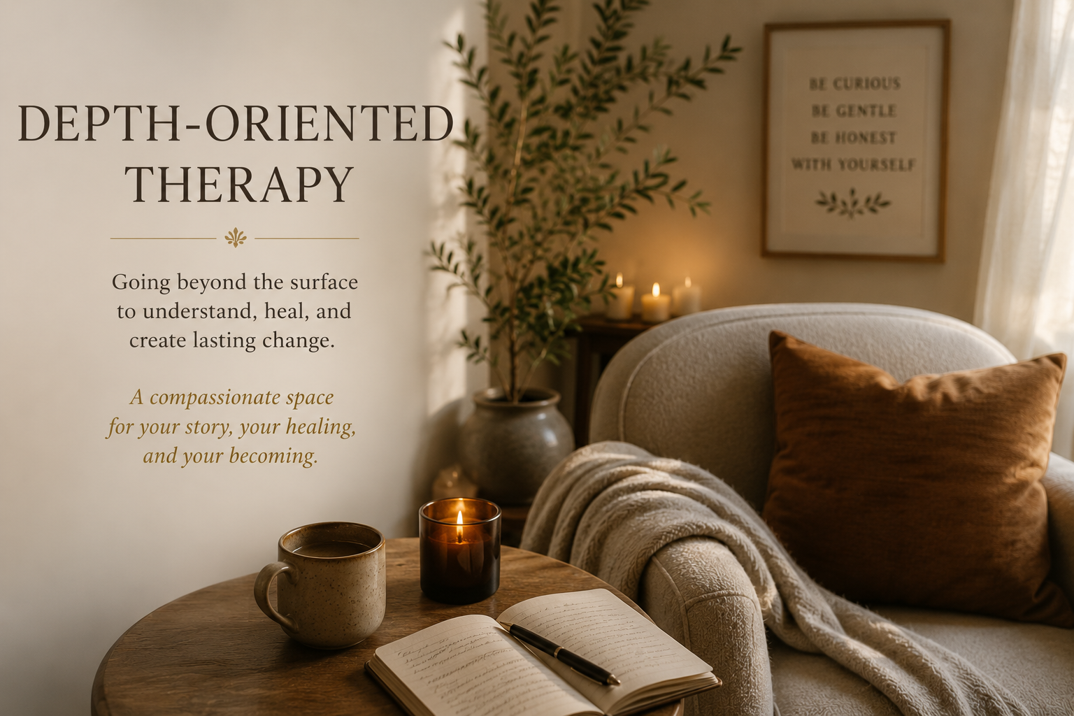 Living room scene with a beige armchair, a brown pillow, a cream blanket, a wooden table with a notebook, pen, mug, and candle, a potted plant, candles on a side table, and framed wall art with inspirational text. Warm lighting creates a cozy atmosphere.