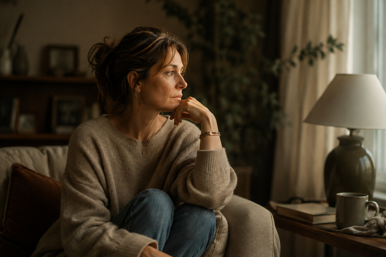 A woman sitting on a sofa looking thoughtfully out a window in a cozy living room.