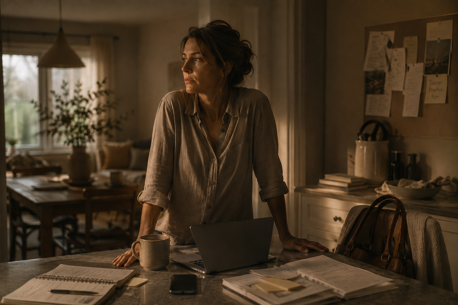 A woman standing at a kitchen counter with a laptop and notebooks, looking thoughtfully out of the window during daylight.