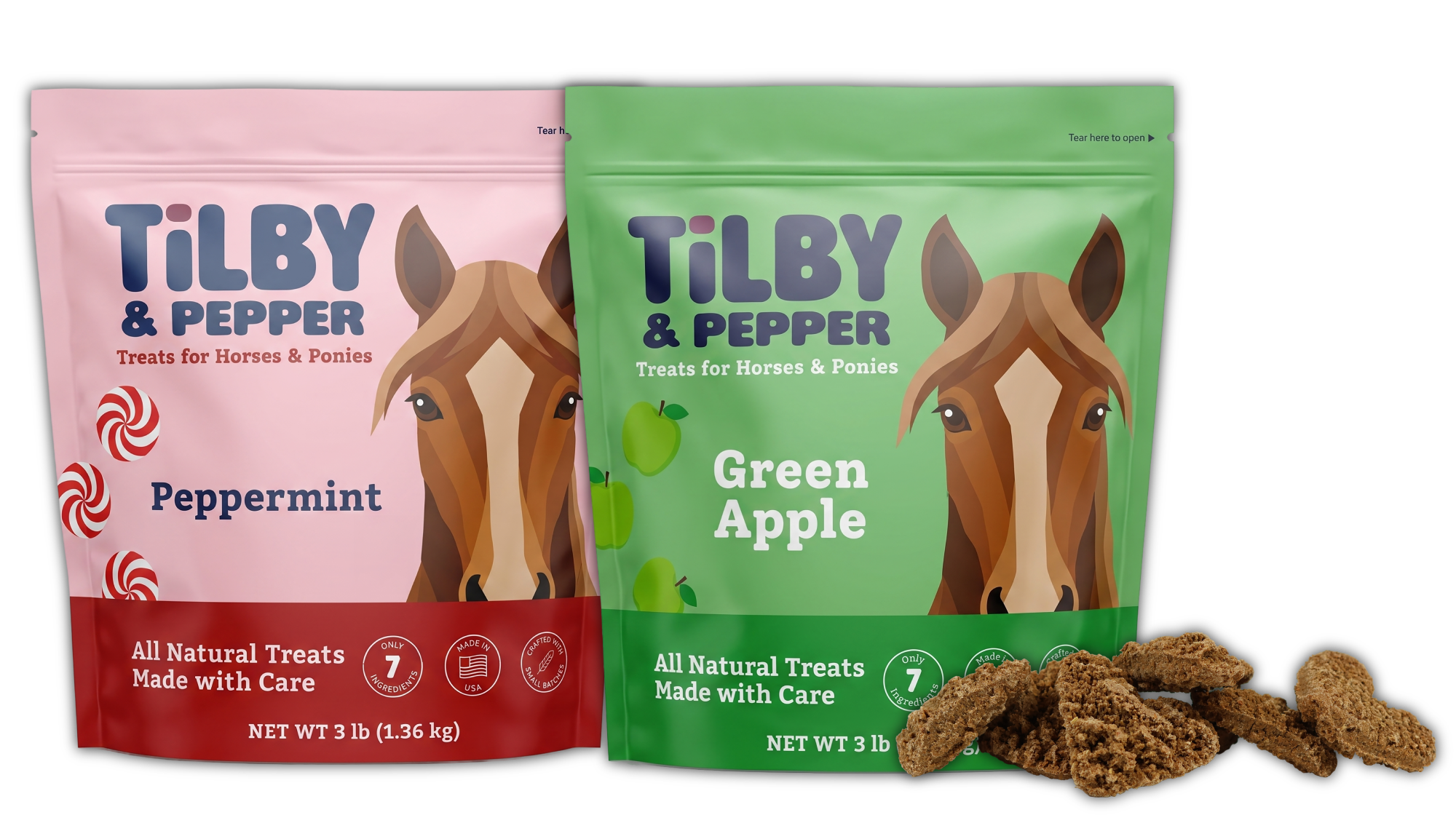 Two resealable bags of Tilby & Pepper horse and pony treats, one pink labeled Peppermint, and one green labeled Green Apple, with horse head illustrations, and a few treats spilled in front.