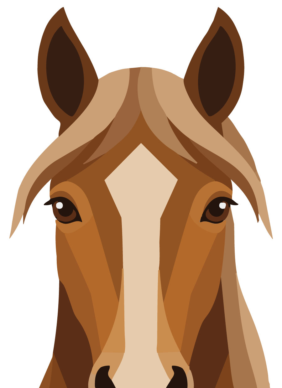 Tilby & Pepper's horse mascot. A digital illustration of a horse's head with brown and beige markings, large ears, and expressive eyes, set against a black background.