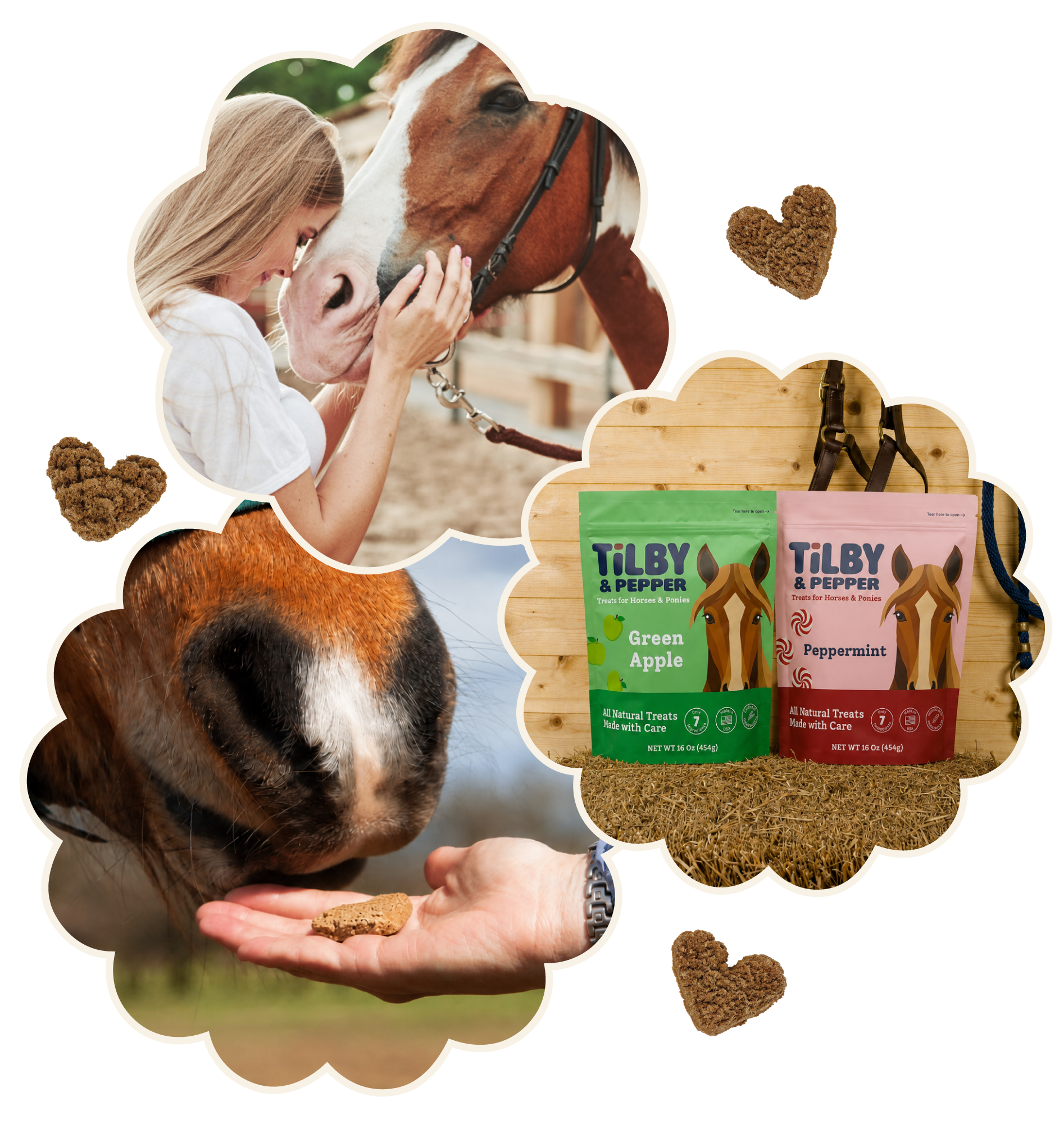 A collage of images: a woman nuzzling a horse with her face, a hand holding a horse treat, two bags of Tilby & Pepper horse treats in peppermint and green apple flavors.