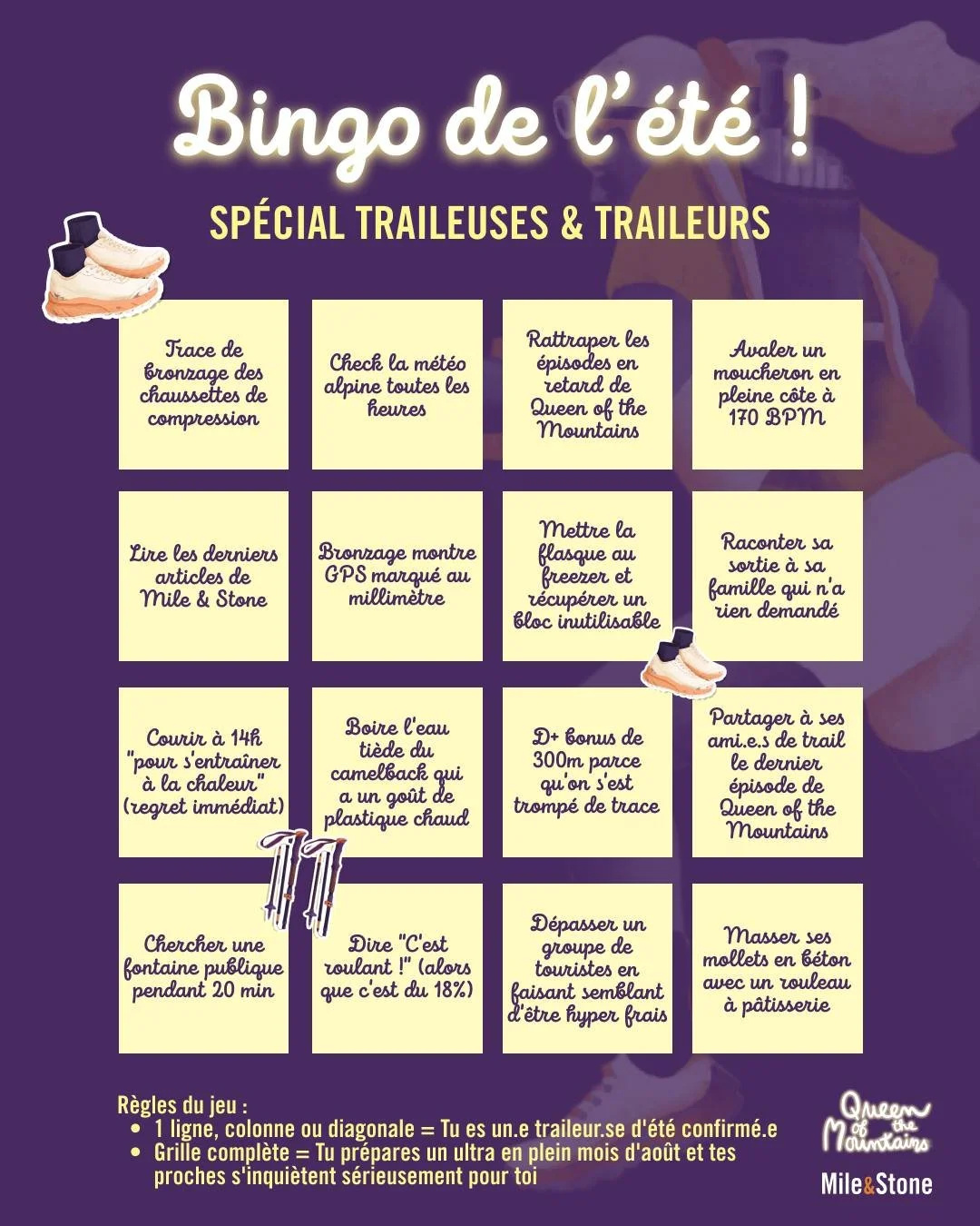 ☀️ LE BINGO DU TRAIL D&rsquo;&Eacute;T&Eacute; EST ARRIV&Eacute; !

La saison des sorties &agrave; 6h du mat&rsquo;, du bronzage chaussettes et de l&rsquo;eau ti&egrave;de est officiellement ouverte !

On vous a pr&eacute;par&eacute; la grille ultime