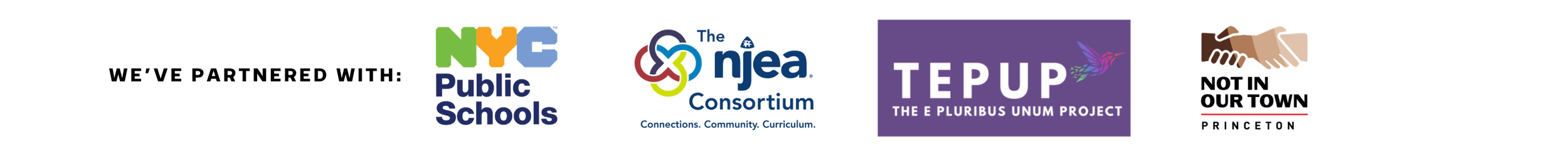 Partner logos including NYC Public Schools, the NJEA Consortium, TEPUP, and Not in Our Town Princeton