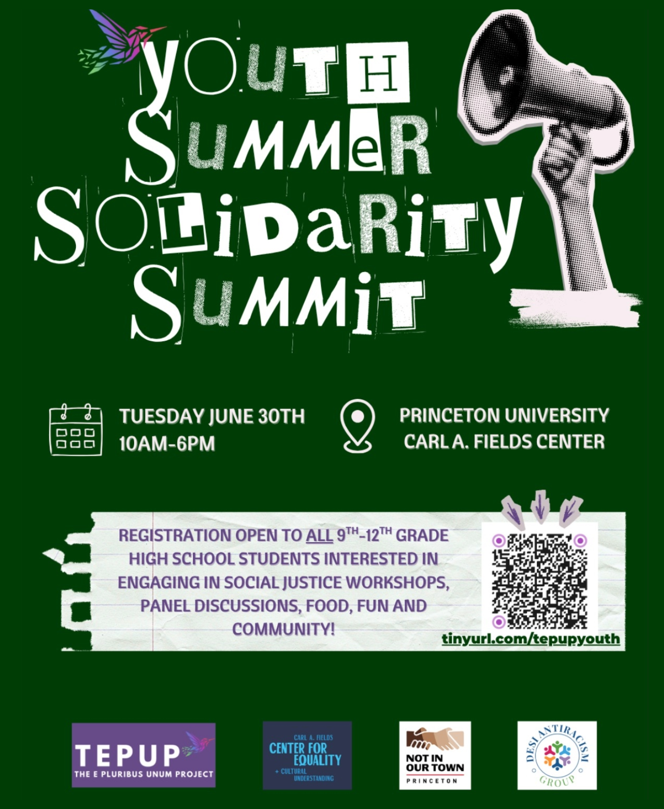 Flyer for the Youth Summer Solidarity Summit at Princeton University, a day of social justice workshops and panel discussions for high school students, with programming led by Empowered Voices.