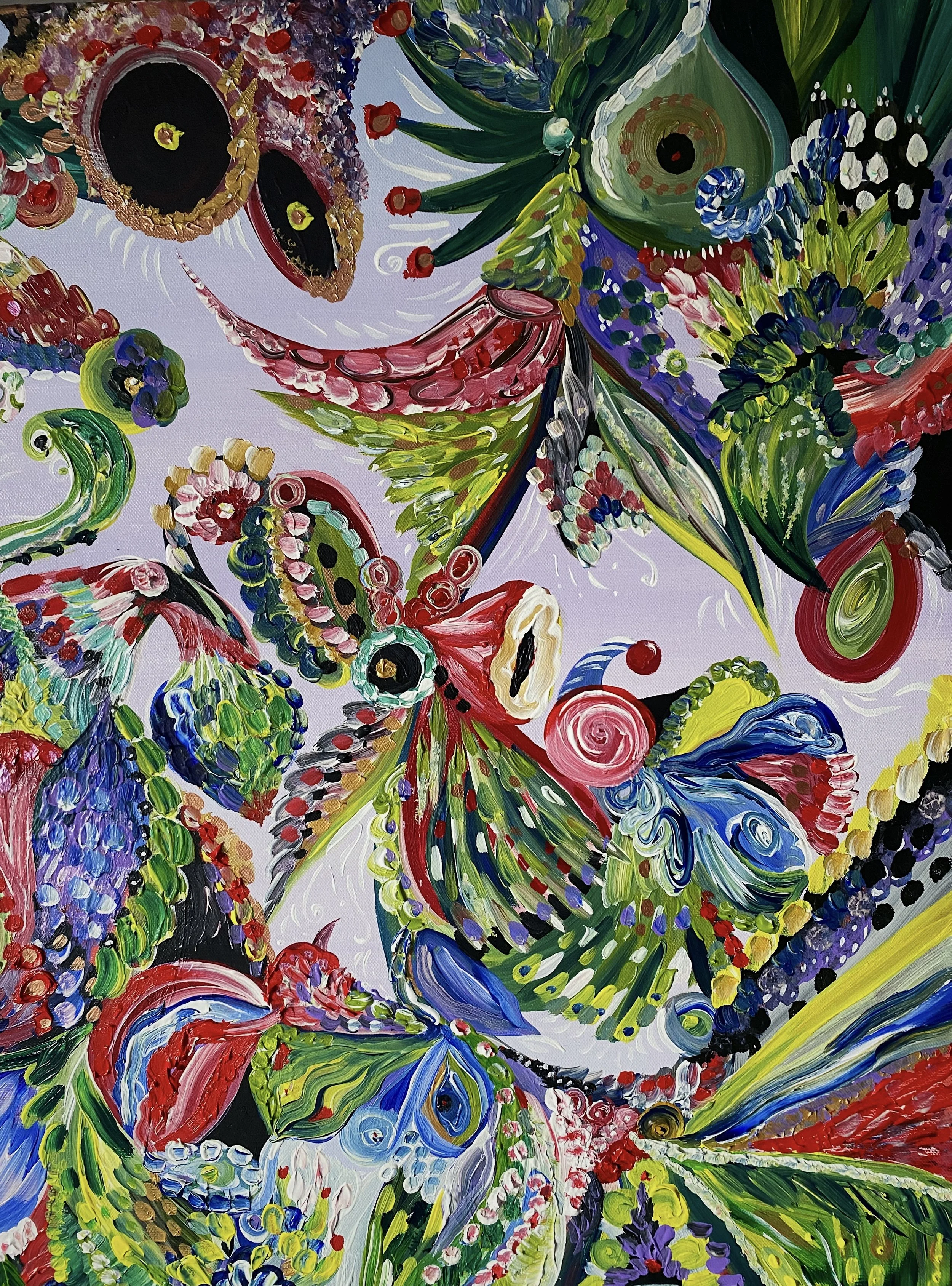 Abstract colorful painting featuring swirling patterns, floral shapes, and vibrant hues of green, blue, red, purple, yellow, and black.