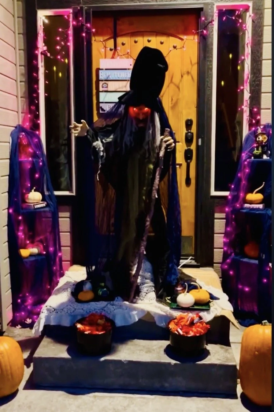 The Halloween Night Flash Transformation- Stages exclusively for Halloween night, this interactive installation brings festive magic straight to your doorstep. We layer vibrant pink/purple lighting, custom decor arrangements, and a spooky motion-acti