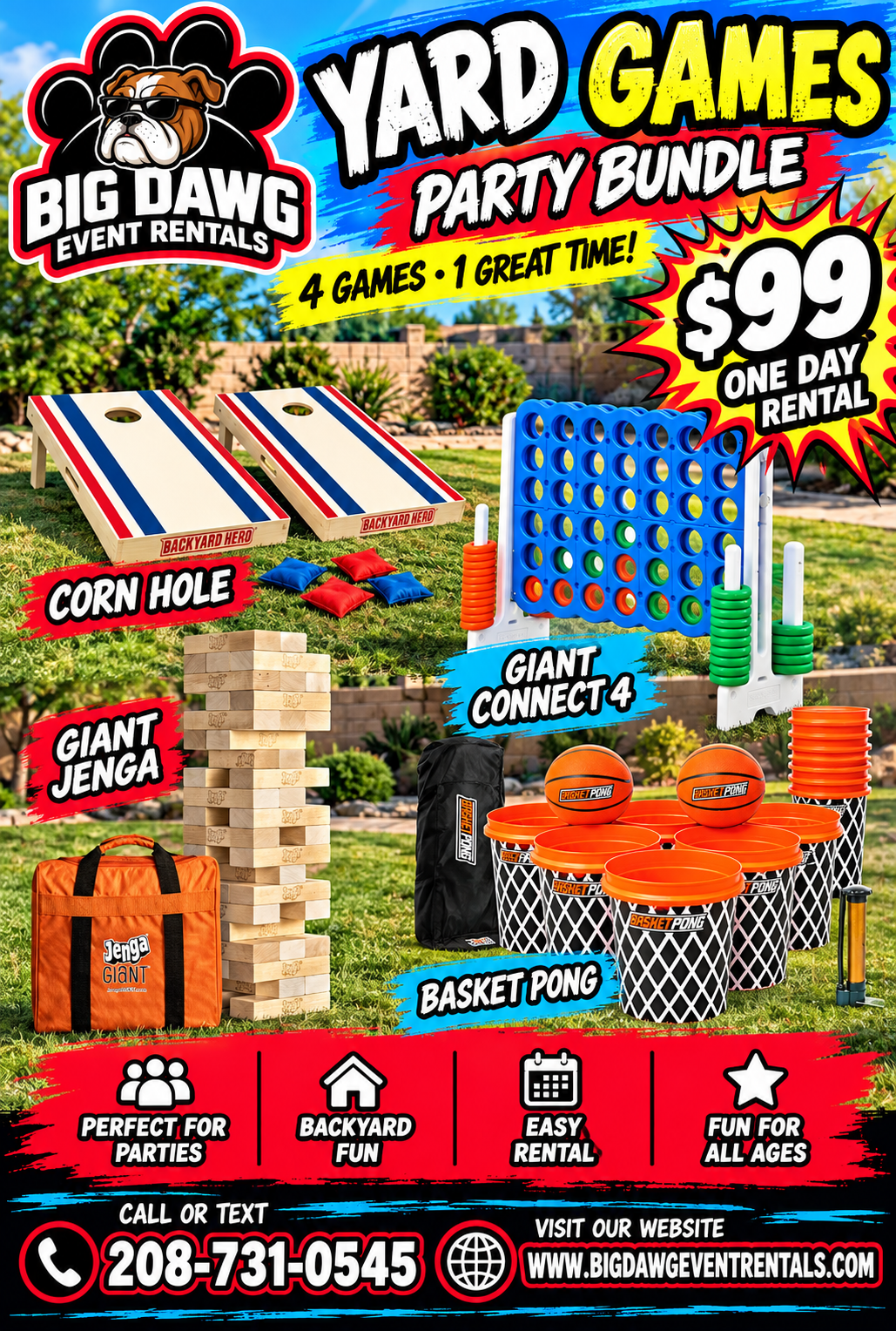 Advertisement for yard games party bundle rental by Big Dawg Event Rentals, featuring Corn Hole, Giant Connect 4, Giant Jenga, and Basket Pong, with details about pricing, contact info, and website.