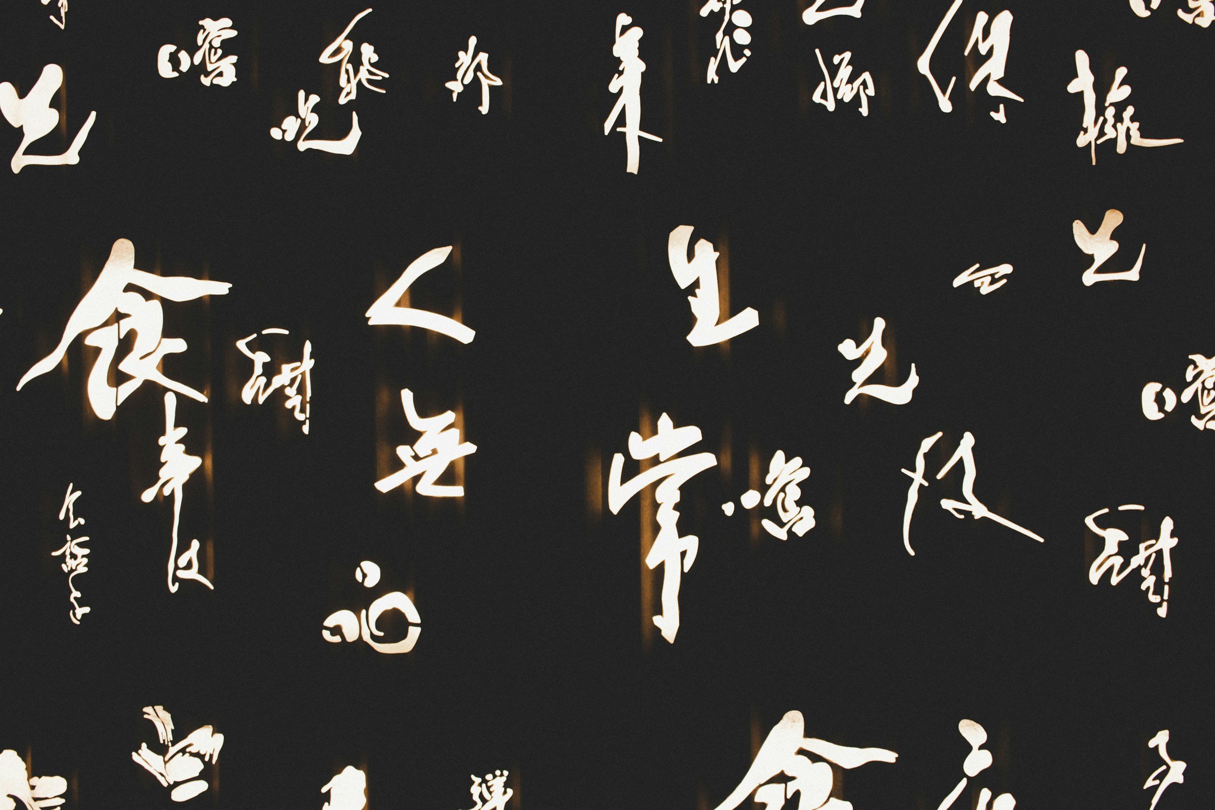 Close-up of illuminated Asian calligraphy characters on a dark background.