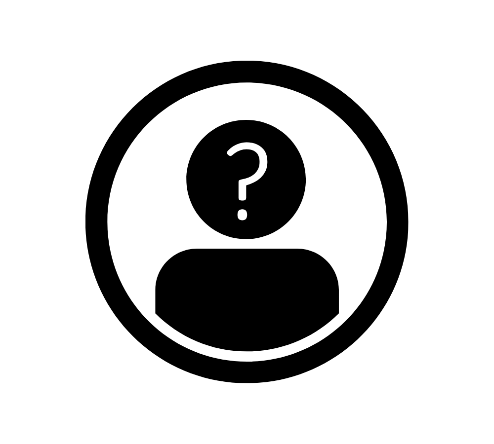Silhouette of a person with a thinking pose, surrounded by question marks, on a black background.