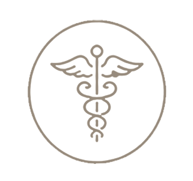 A circular emblem featuring a caduceus symbol with two wings and two snakes wrapped around a staff.